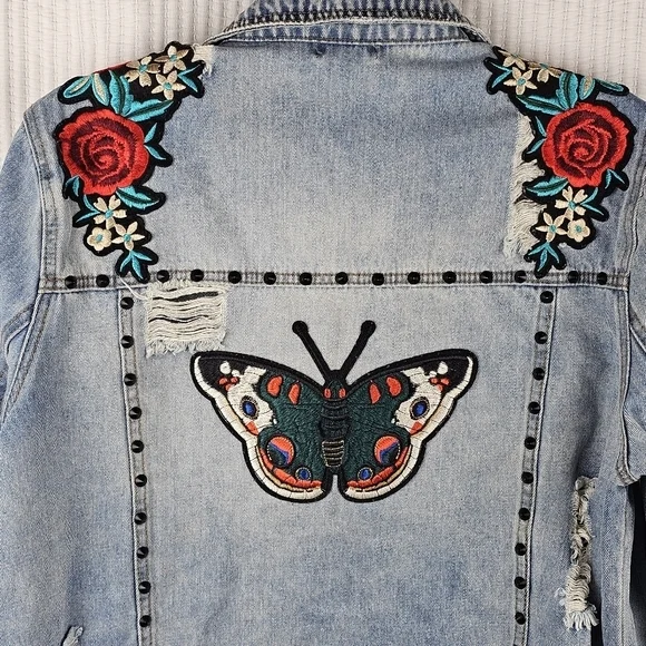 Floral Embroidered Denim Jacket with Butterfly Design - Picture 7 of 10